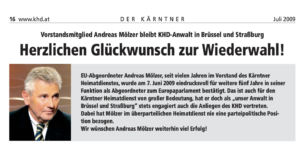 Der Kärntner Heimatdienst gratuliert Mölzer zur Wiederwahl ins EU-Parlament: "... hat er doch als 'unser Anwalt in Brüssel und Straßburg' stets engagiert auch die Anliegen des KHD vertreten." (Screenshot "Der Kärntner" Juli 2009)