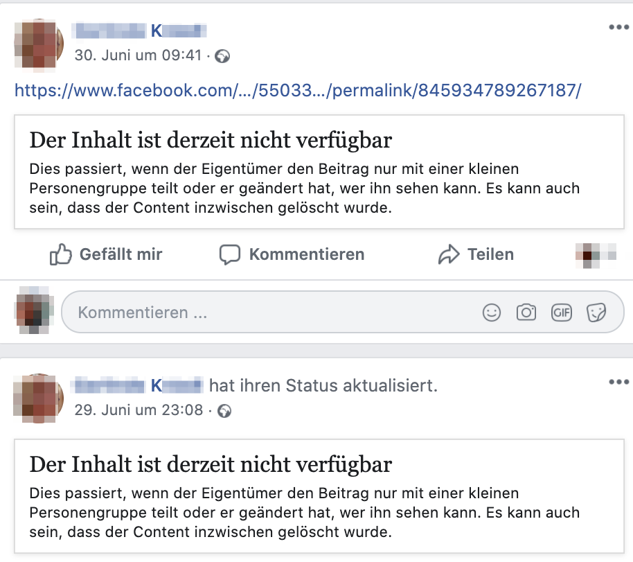 K. mit gelöschtem Inhalt (Screenshot Facebook)