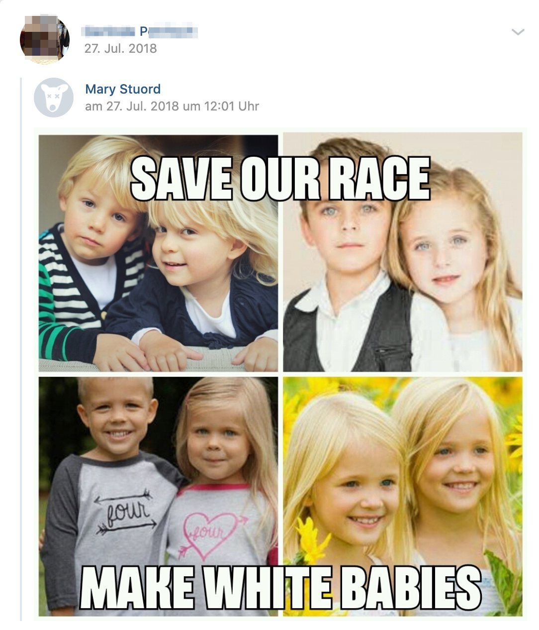 P. teilt rassistische Propaganda (Save our race, make white babies) (Screenshot vk.com)