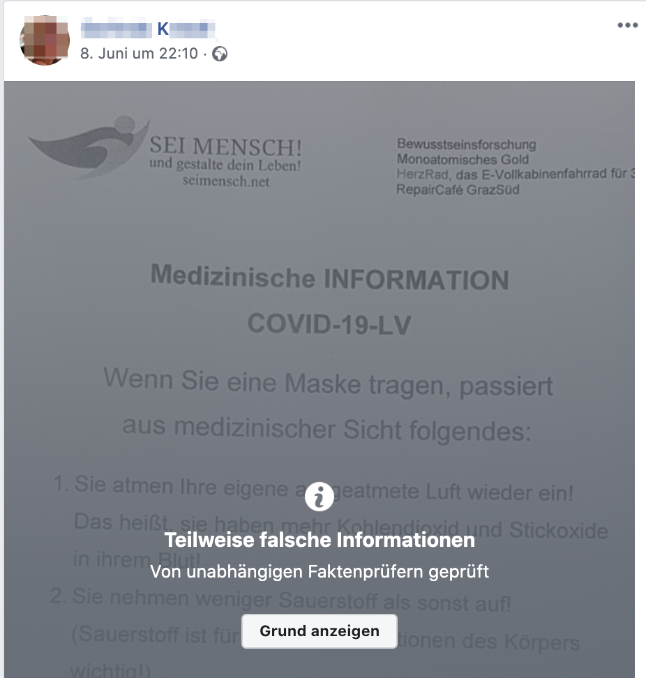 K. teilt von FB gekennzeichnte Fake-Meldungen (Screenshot Facebook)