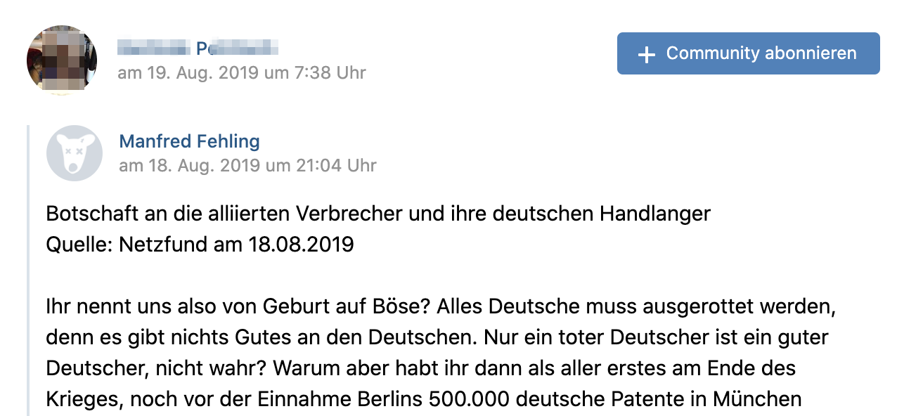 P. teilt "Botschaft an die alliierten Verbrecher und ihre deutschen Handlanger"