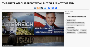 Markovics zum Ausgang der Bundespräsidentenwahlen 2016: "The Austrian Olygarchy won" (Screenshot Website Suworow)