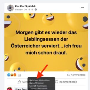 Kev Kev Spätzlek freut sich wie bereits 2020 in der FB-Gruppe „Ich wohne auf der richtigen Seite der Donau" aus das "Lieblingsessen der Österreicher", was auch Reinhard H. goutiert, der jahrelang am 20. April die Eiernockerl selbst abgefeiert hat