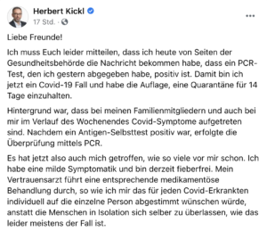 Kickl gibt bekannt, dass er mittels Antigen- und PCR-Test positiv getestet wurde (Screenshot FB 15.11.21)