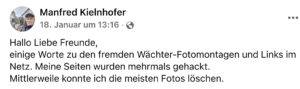 Kielnhofer-Statement am 18.1.22: "Meine Seiten wurden mehrmals gehackt" (Screenshot FB)