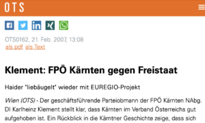 FPÖ-Klement gegen Haiders Freistaat Kärnten (OTS 21.2.2007)