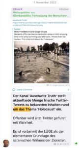 Oliver Kloth leitet ein den Holocaust leugnendes Posting in der TG-Gruppe "Rheinwiesen- und Ahrtaltreffen" weiter: "Der Kanal 'Auschwitz Truth' stellt aktuell jede Menge frische Twitter-Tweets zu bekannten Inhalten rund um das Thema 'Holocaust' ein. Offenbar wird jetzt Twitter geflutet mit Wahrheit. Es ist vorbei mit der LÜGE als der elementaren Grundlage des satanischen Wirkens der Zionisten." (Screenshot TG)