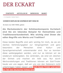 Kofler im Interview mit "Der Eckart" (2009): sind "noch heute Tiroler und somit ein Teil des deutsches (sic!) Volkes"