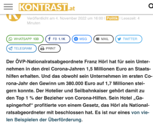 "Kontrast" über die Förderungen an Franz Hörl (ÖVP): "in den drei Corona-Jahren 1,5 Millionen Euro an Staatshilfen erhalten" (Screenshot kontrast.at)