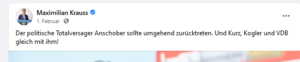 Krauss: "Der politische Totalversager Anschober sollte umgehend zurücktreten. Und Kurz, Kogler und VDB gleich mit ihm!"