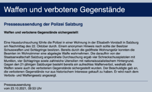Presseaussendung LPD Salzburg, 23.10.21: Waffen und verbotene Gegenstände