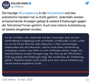 Tweet LPD Wien (8.11.20): "Für die Vorfälle (...)wollen wir uns als Polizei (...) entschuldigen."