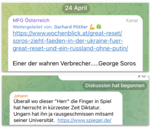 Pöttler über Soros: "Einer der wahren Verbrecher" und Kommentar: "Überall wo dieser 'Herr' die Finger in Spel hat herrscht in kürzester Zeit Diktatur." (Screenshot TG-Kanal MFG Ö)