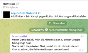 1. Posting in der Gruppe MZWNews mit Admin "Schutzstaffel) und angehefteter Hitler-Propaganda (11.11.21)