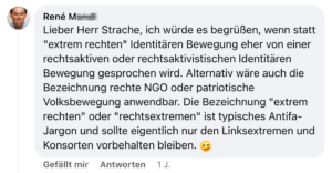 M. kommentiert bei Strache: Identitäre nicht rechtsextrem nennen (Screenshot FB)