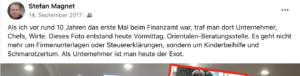 Rassist Stefan Magnet: Finanzamt als "Orientalen-Beratungsstelle", in der es um "Kinderbeihilfe und Schmarotzertum" gehe (Screenshot FB 2017)