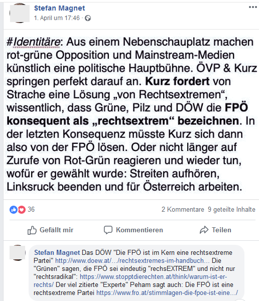 Stefan Magnet zu FPÖ und Identitäre (Screenshot FB 3.4.19)