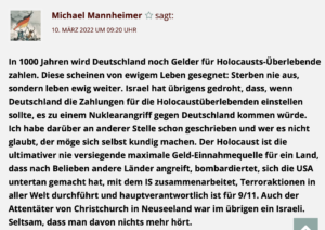 Mannheimer hetzt gegen Holocaust-Überlebende