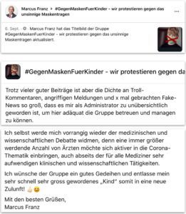 Anfang und Ende des Engagements von Franz in der von ihm gegründeten FB-Gruppe: "Dichte an Troll-Kommentaren"; "entlasse mein sehr schnell sehr gross gewordenes 'Kind' somit in eine neue Zulunft!"