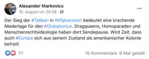 Markovics zum Sieg der Taliban (Screenshot FB)