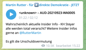 Rutter veröffentlich auf Telegram Audio-Datei, in der über die Anzahl der COVID-Patient*innen am KH Steyr gelogen wird (Screenshot TG 13.11.21)