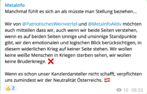 Metainfo und der Ukraine-Krieg: "Wir wollen keine weiße (sic!) Menschen in Kriegen sterben sehen." (Telegram 1.3.22)