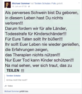 Michael Sommer teilt eine Todesstrafenforderung für Kinderschänder in Gedichtform (Sommer FB)