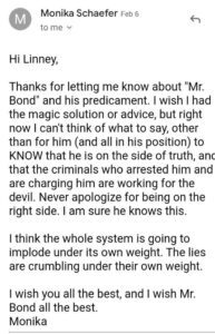 Monika Schaefer spendet Trost und Rat für Mr. Bond: "Never apologize for being on the right side."