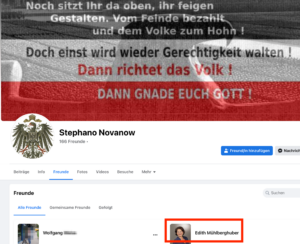 Edith Mühlberhuber auf FB befreundet mit dem verurteilten Neonazi Stefan Sch., der einen Neonazi-Spruch als Headerbild hat (Screenshot 24.1.23)