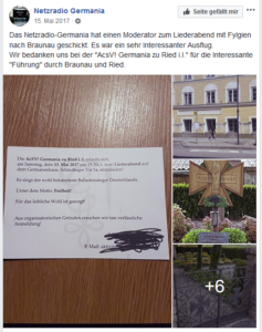 Das Netzradio Germania am 15. Mai 2017 über den Besuch bei der Germania Ried und in Braunau (Screenshot Facebook, 16.6.18)