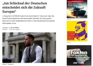 Interview mit Marvin T. Neumann in "Freilich", Jänner 2023. Daneben Werbeeinschaltungen der FPÖ, der Burschenschaft Olympia und der AfD Bayern