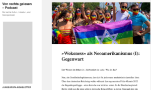 Marvin T. Neumann im "Jungeuropa"-Podcast mit dem Foto einer jüdischen Gruppe auf einer Pride-Parade als Teaserbild