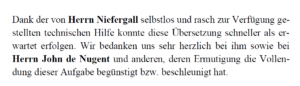 Danksagung für Niefergall und de Nugent im Buch "Höllensturm"