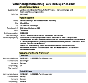 Nowotny-Grabpflege-Verein: Obmann Ex-FPÖ-Mitarbeiter Gerhard Staudinger, Schriftführer Ex-FPÖ-Politiker Johann Herzog (Auszug Vereinsregister 2022)