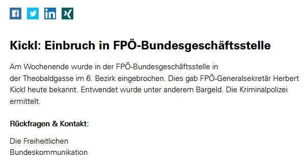Presseaussendung Kickl 2005: "Einbruch in der FPÖ-Bundsgeschäftsstelle"