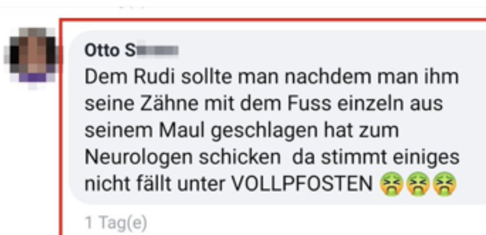 "Dem Rudi sollte man nachdem man ihm seine Zähne mit dem Fuss einzeln aus seinem Maul geschlagen hat zum Neurologen schicken da stimmt einiges nicht fällt unter VOLLPFOSTEN"