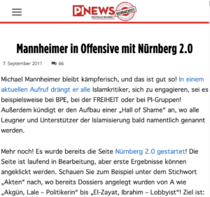 PI-News zu Mannheimers Engagement bei der Hetzseite "Nürnberg 2.0"