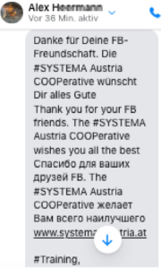 PN an "Horst Schlager": Werbung vom Alexander H. (verurteilter Staatsverweigerer, ehemal. Vizepräsident des Fantasiegerichtshofes "ICCJV") für die aus Russland beinflusste Kampfsportschule "Systema"