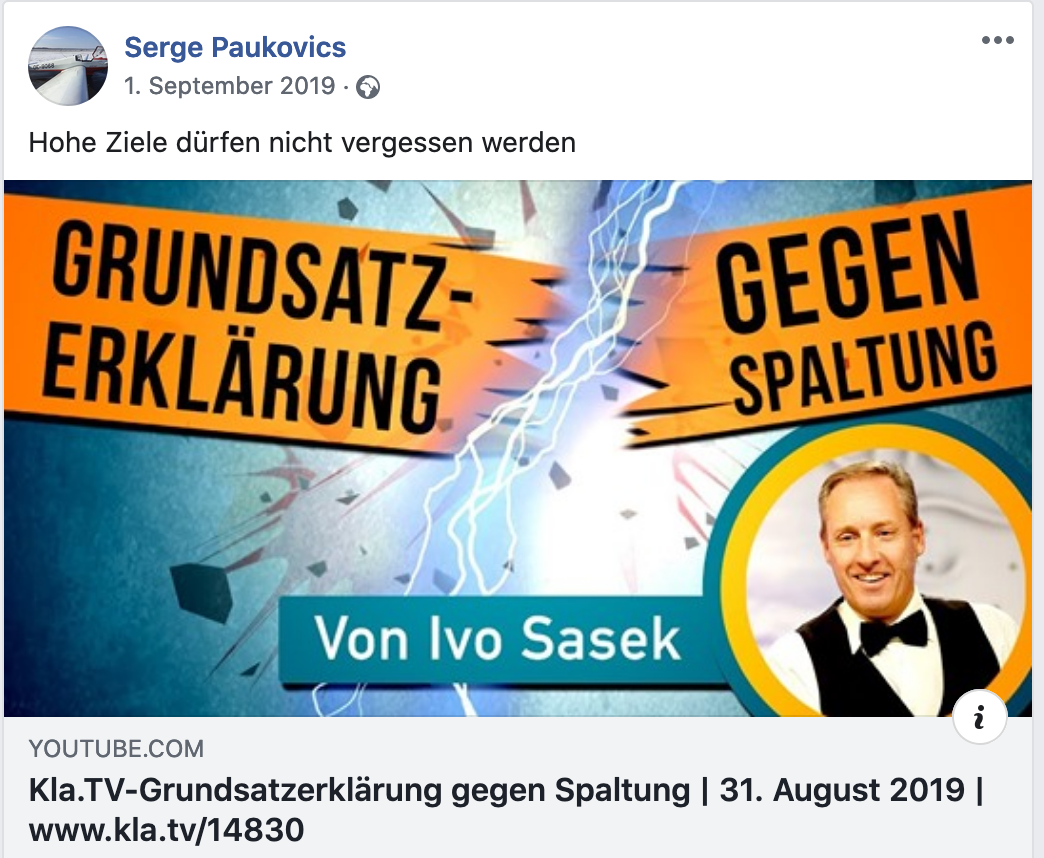 Paukovics teilt Kla.tv des Sektenführers Ivo Sasek mit dem Kommentar: Hohe Ziele dürfen nicht vergessen werden"