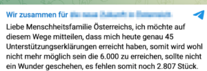 Kandidat Schutte teilt der "Menschheitsfamilie Österreichs" mit, dass er zu wenig Unterstützungserklärungen hat (Telegram)