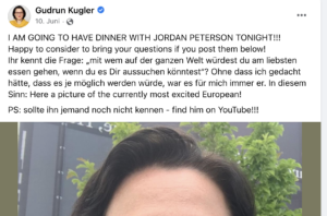 "Excited" Kugler über ihr Dinner mit Peterson (Screenshot FB Kugler)
