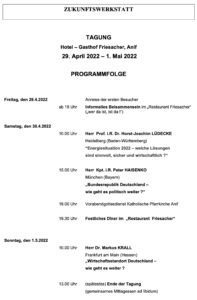 Programm "Zukunftswerkstatt" (Jagsthausener Kreis) April/Mai 22: mit Klimawandelleugner Horst-Joachim Lüdecke, Peter Haisenko und Degussa-Chef Markus Krall