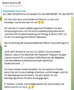 K. faket den Grund für seinen Prozess: "Ich hab durch meine Aufklärungsarbeit Probleme mit dem Verfassungsschutz und Terrorismusbekämpfung bekommen ..." (TG 4.1.21)