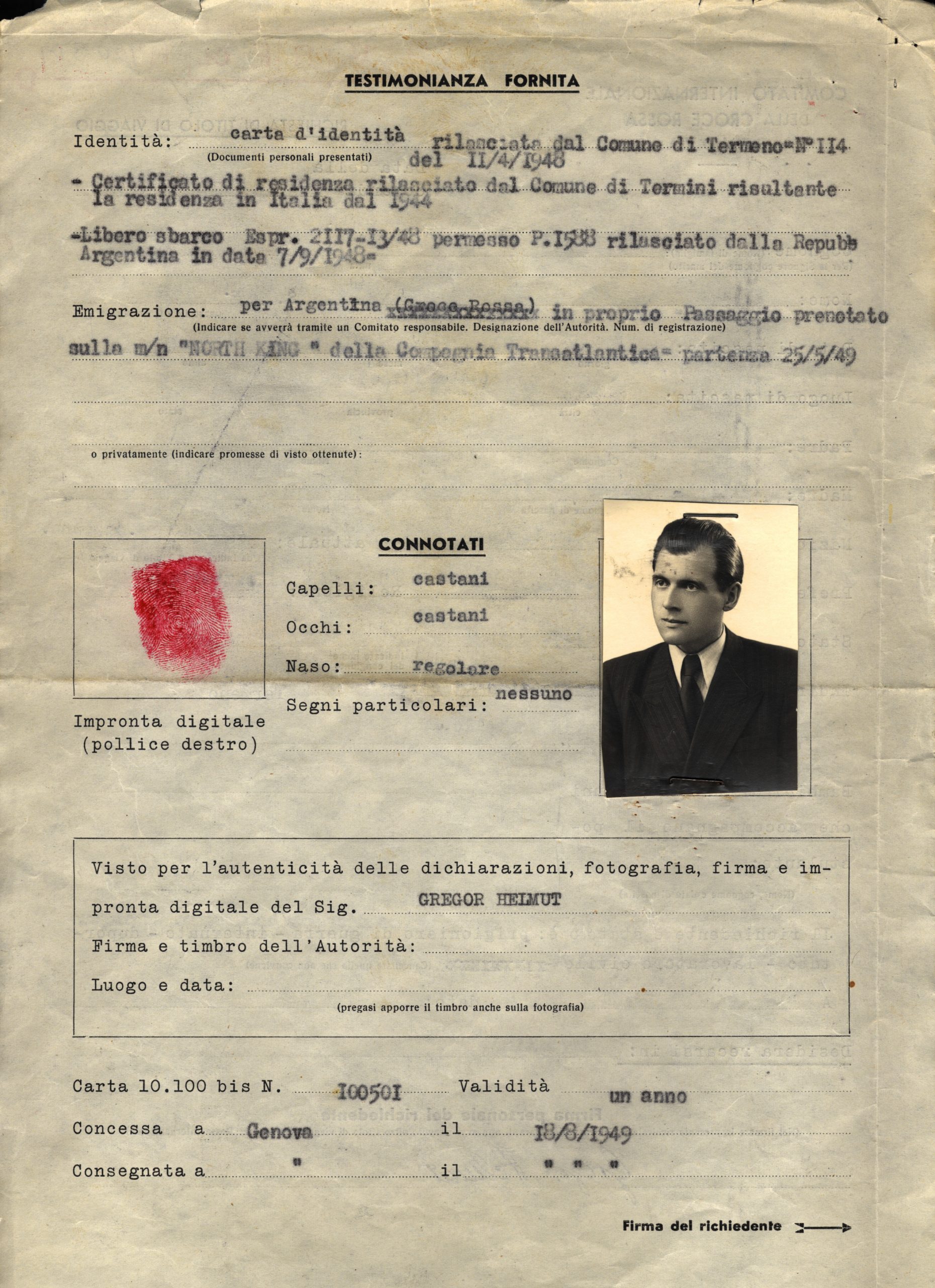 Reisedokument des Roten Kreuzes für Josef Mengele unter dem falsche Namen Helmut Gregor (1949: © avarchives.icrc.org)