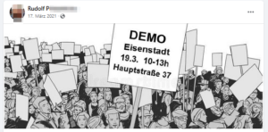 Rudolf P. teilt Aufruf zur Demo mit Küssel in Eisenstadt (Screenshot FB-Account P.)