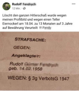 Der bekehrte Rudolf auf FB am 20.4.23: "Löscht den ganzen Hitlerschaß wurde wegen meinen Profilbild und wegen einen Teller Eiernockerl am 18.04. zu 13 Monaten auf 3 Jahre auf Bewährung Verurteilt !!!" (Screenshot FB)