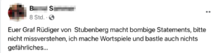 S.: "Euer Graf Rüdiger von Stubenberg macht bombige Statements" (Screenshot FB)