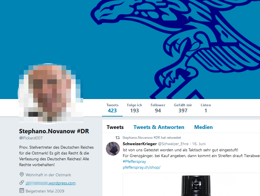 St.S. auf Twitter mit Reichadler und Hakenkreuz und "Prov. Stellvertreter des Deutschen Reichs für die Ostmark! Es gilt das Recht & die Verfassung des Deutschen Reiches! Alle Rechte vorbehalten!"