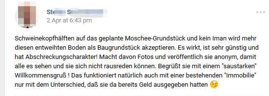 St.S. gibt Tipp, Schweinekopfhälften auf Moschee-Grundstück zu deponieren