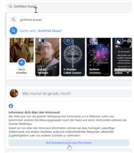 "Horst Schlager" sucht auf FB nach Gottfried Küssel und erhält die Nachricht: "Informiere dich über den Holocaust"